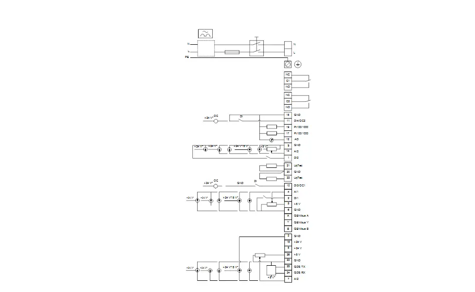 Schaltplan einer Druckerhöhungsanlage, dargestellt mit Grundfos-Komponenten. Zeigt elektrische Verbindungen, Sensoren und Steuerungselemente in einer schematischen Ansicht.